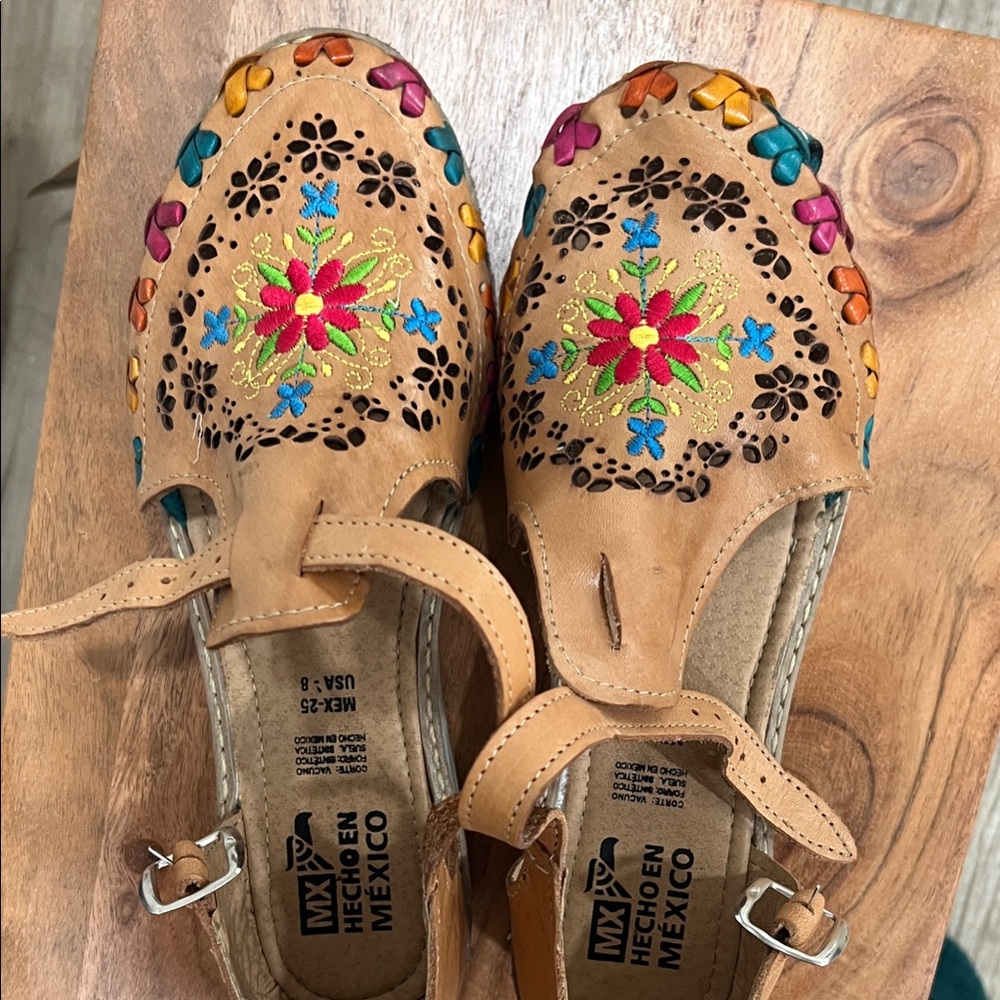 Huraches Brown Multicolor Embroidered mexico Flat sandal